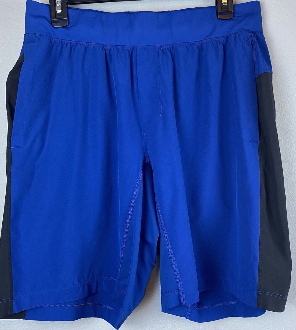 Mns Lululemon Sz L T.H.E. Black Blue Panels Linerless Drawstring Zip Pkt Shorts